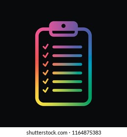 Tablet and paper, checklist with check marks. Linear, thin outline. Rainbow color and dark background