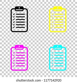 Tablet and paper, checklist with check marks. Linear, thin outline. Colored set of cmyk icons on transparent background