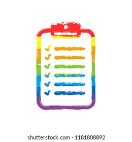 Tablet and paper, checklist with check marks. Linear, thin outline. Drawing sign with LGBT style, seven colors of rainbow (red, orange, yellow, green, blue, indigo, violet