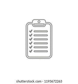 Tablet and paper, checklist with check marks. Linear, thin outline. Dotted outline silhouette with shadow on white background