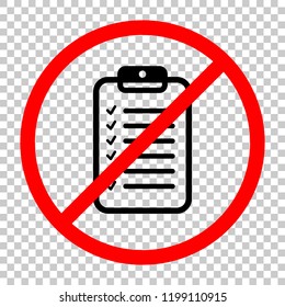 Tablet und Papier, Checkliste mit Kontrollzeichen. Lineare, dünne Umrisse. Nicht erlaubt, schwarzes Objekt auf rotem Warnzeichen, transparenter Hintergrund