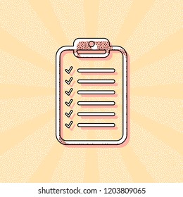 Tablet and paper, checklist with check marks. Linear, thin outline. Vintage retro typography with offset printing effect. Dots poster with comics pop art background