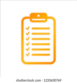 Tablet and paper, checklist with check marks. Linear, thin outline. Orange sign with low light on white background