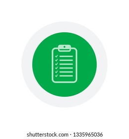 Tablet and paper, checklist with check marks. Linear, thin outline. Icon in colored circle with gray bold border. Web button, modern flat design