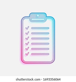 Comprimido y papel, lista de verificación con marcas de verificación. Esquema lineal y delgado. Logo coloreado con líneas diagonales y degradado azul-rojo. Gráfico neón, efecto ligero