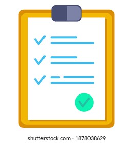 Tablet with paper clip. Page of work performed, preparation of the questionnaire, filling out documents. Vector flat cartoon illustration.