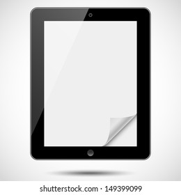 Tablet with Paper Corner - Black tablet with blank, shiny screen and folded paper corner, isolated on white background.  File is layered.  Eps10 file with transparency. 