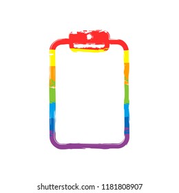 Tablet with paper. Drawing sign with LGBT style, seven colors of rainbow (red, orange, yellow, green, blue, indigo, violet