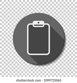 Tablet with paper. flat icon, long shadow, circle, transparent grid. Badge or sticker style