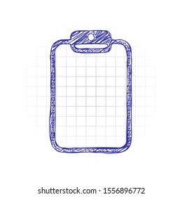 Tablet with paper. Hand drawn sketched picture with scribble fill. Blue ink. Doodle on white background