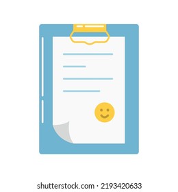Tablet with paper holder, homework check, test score, vector flat illustration on white background.