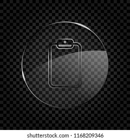 Tablet with paper. Icon in circle glass bubble on dark transparent grid. Glass style