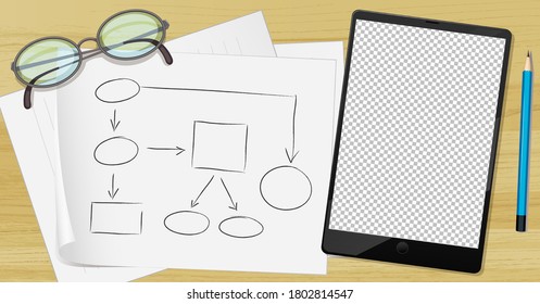 Tablet and paper on the table illustration