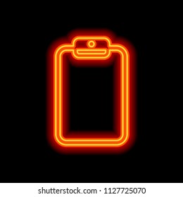 Tablet with paper. Orange neon style on black background. Light icon