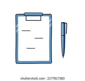 Tablet with paper and pen, doodle vector illustration stand for stationery or office paper 
