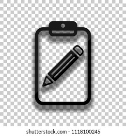 tablet, paper and pencil. Black glass icon with soft shadow on transparent background