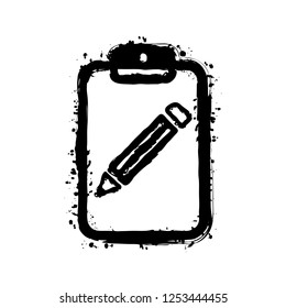 tablet, paper and pencil. Black ink with splashes on white background