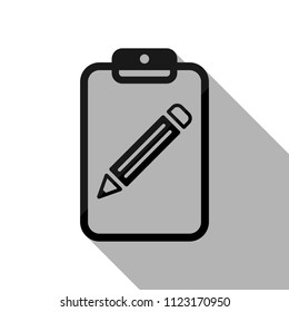 tablet, paper and pencil. Black object with long shadow on white background