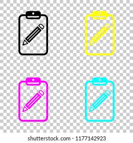 tablet, paper and pencil. Colored set of cmyk icons on transparent background