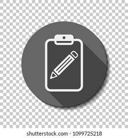tablet, paper and pencil. flat icon, long shadow, circle, transparent grid. Badge or sticker style