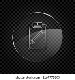 tablet, paper and pencil. Icon in circle glass bubble on dark transparent grid. Glass style