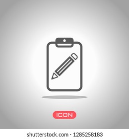 tablet, paper and pencil. Icon under spotlight. Gray background
