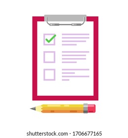 Comprimido con papel con lápiz para marcar puntos para completar tareas y aprobar exámenes. Iconos conceptuales para rellenar cuestionarios, pasar encuestas. Ilustración vectorial en diseño plano.