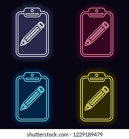 tablet, paper and pencil. Set of neon sign. Casino style on dark background.