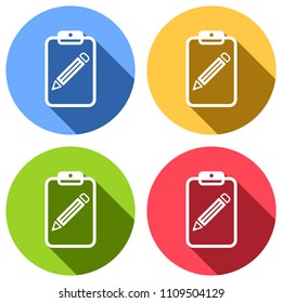 tablet, paper and pencil. Set of white icons with long shadow on blue, orange, green and red colored circles. Sticker style