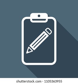 tablet, paper and pencil. White flat icon with long shadow on background