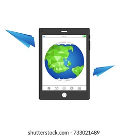 Tablet with paper plane and earth,Technology con concept on white background