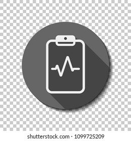 Tablet paper and pulse line. Linear, thin outline. flat icon, long shadow, circle, transparent grid. Badge or sticker style