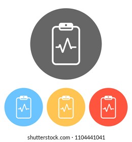 Tablet paper and pulse line. Linear, thin outline. Set of white icons on colored circles