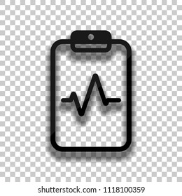 Tablet paper and pulse line. Linear, thin outline. Black glass icon with soft shadow on transparent background
