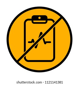 Tablet paper and pulse line. Linear, thin outline. not allowed, black object in warning sign with orange background color