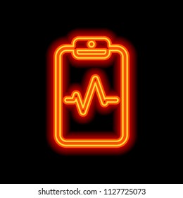 Tablet paper and pulse line. Linear, thin outline. Orange neon style on black background. Light icon