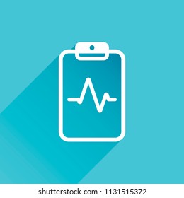 Tablet paper and pulse line. Linear, thin outline. Gray icon with long shadow in bottom left corner on blue background