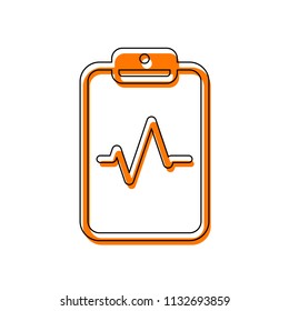Tablet paper and pulse line. Linear, thin outline. Isolated icon consisting of black thin contour and orange moved filling on different layers. White background