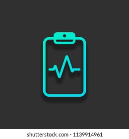 Tablet paper and pulse line. Linear, thin outline. Colorful logo concept with soft shadow on dark background. Icon color of azure ocean