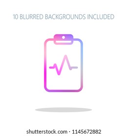 Tablet paper and pulse line. Linear, thin outline. Colorful logo concept with simple shadow on white. 10 different blurred backgrounds included