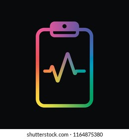 Tablet paper and pulse line. Linear, thin outline. Rainbow color and dark background