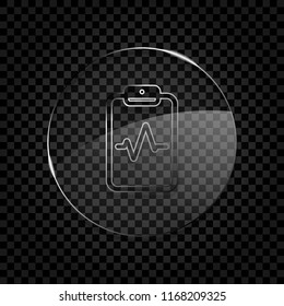 Tablet paper and pulse line. Linear, thin outline. Icon in circle glass bubble on dark transparent grid. Glass style