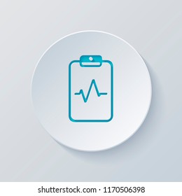 Tablet paper and pulse line. Linear, thin outline. Cut circle with gray and blue layers. Paper style