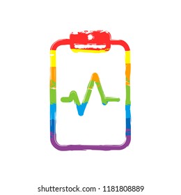 Tablet paper and pulse line. Linear, thin outline. Drawing sign with LGBT style, seven colors of rainbow (red, orange, yellow, green, blue, indigo, violet