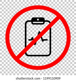 Tablet paper and pulse line. Linear, thin outline. Not allowed, black object in red warning sign with transparent background