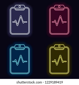 Tablet paper and pulse line. Linear, thin outline. Set of neon sign. Casino style on dark background