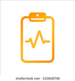 Tablet paper and pulse line. Linear, thin outline. Orange sign with low light on white background