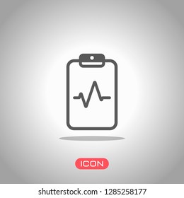 Tablet paper and pulse line. Linear, thin outline. Icon under spotlight. Gray background