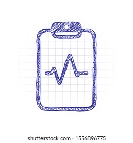 Tablet paper and pulse line. Linear, thin outline. Hand drawn sketched picture with scribble fill. Blue ink. Doodle on white background