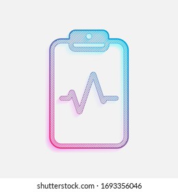 Tablet paper and pulse line. Linear, thin outline. Colored logo with diagonal lines and blue-red gradient. Neon graphic, light effect